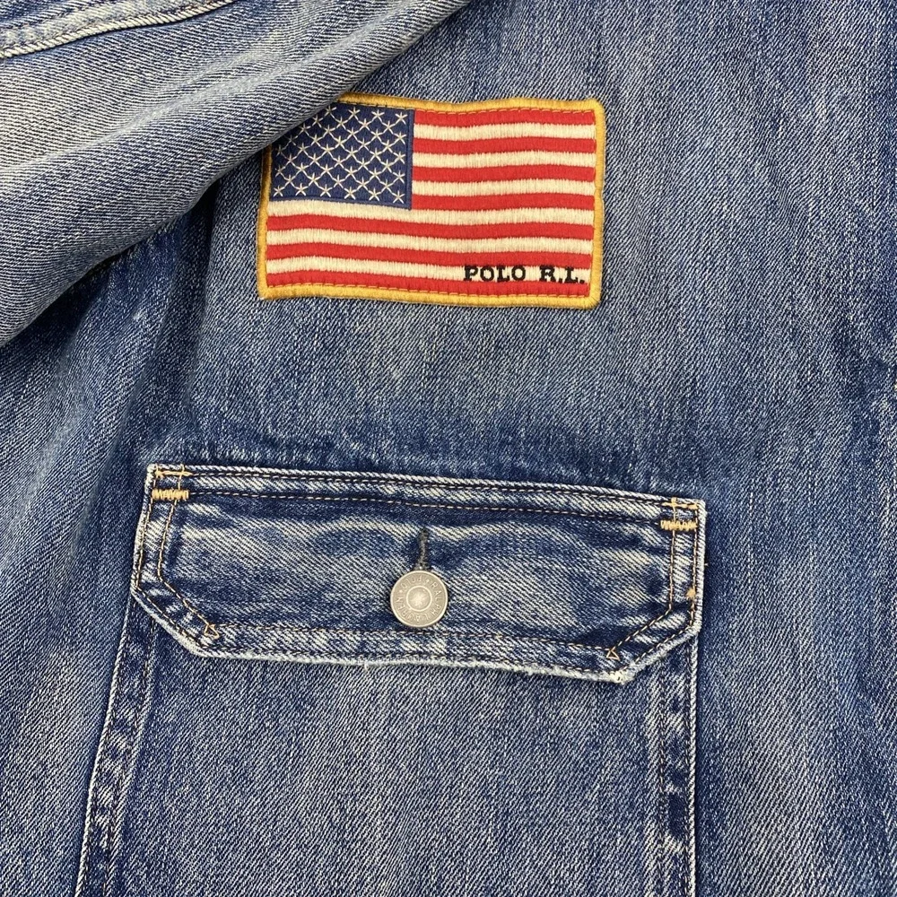 NEW Polo Ralph Lauren Denim Jacket Mens 4XLT Blue Sportsman Patchwork USA Flag